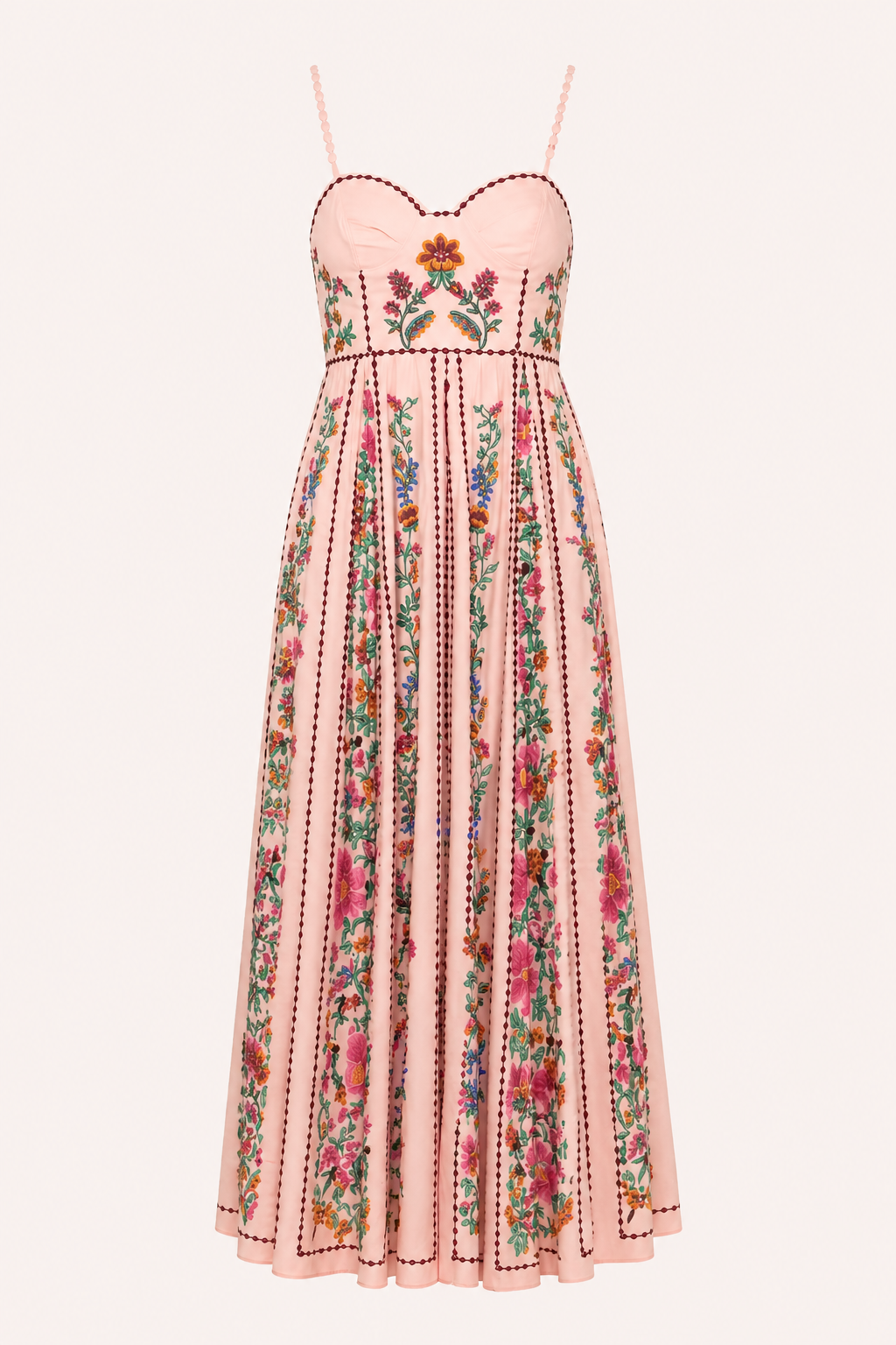 Robe midi fines bretelles décolleté en cœur imprimé floral vertical cintré - Nadine