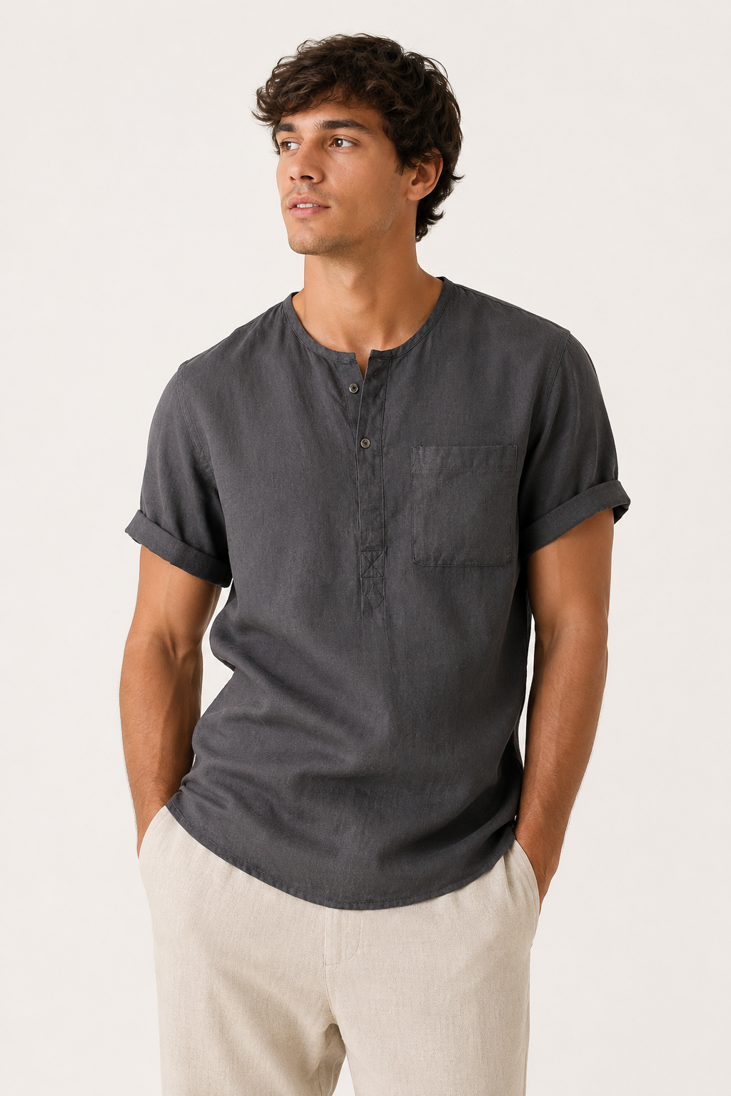 Chemise homme col mao manches courtes poche casual - James