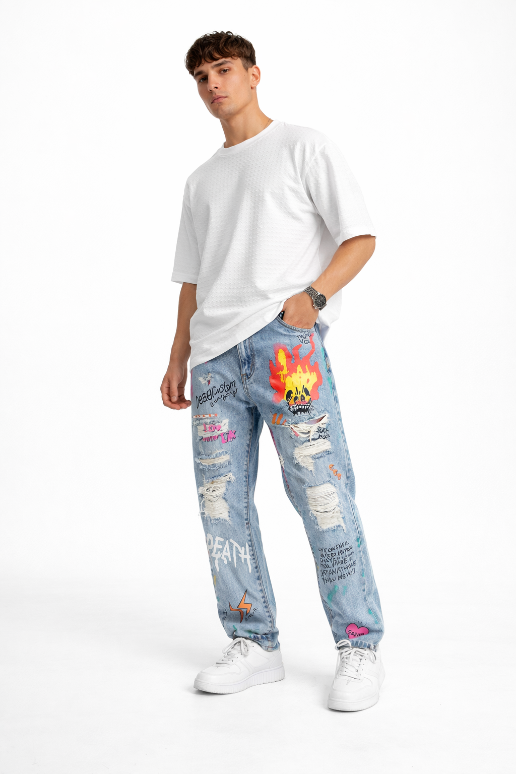 Jean en denim avec imprimé graphique et déchirures - Sindre