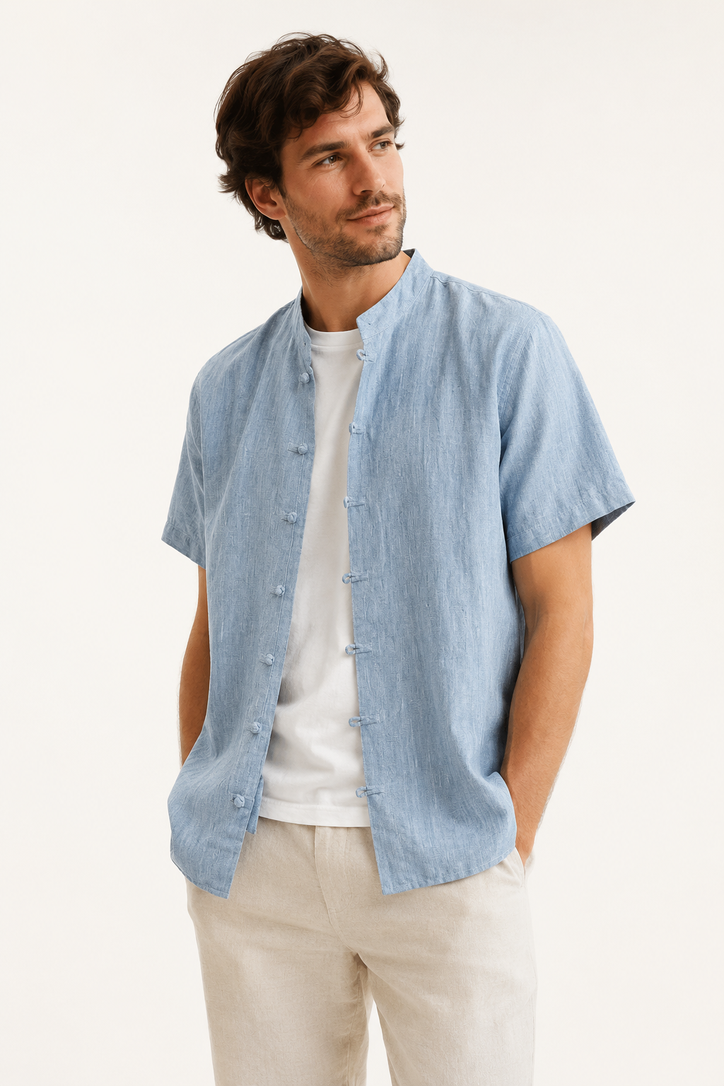 Chemise lin homme manches courtes col mandarin moderne - Emil