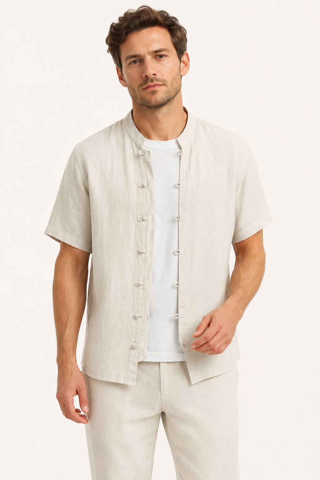 Chemise lin homme manches courtes col mandarin moderne - Emil