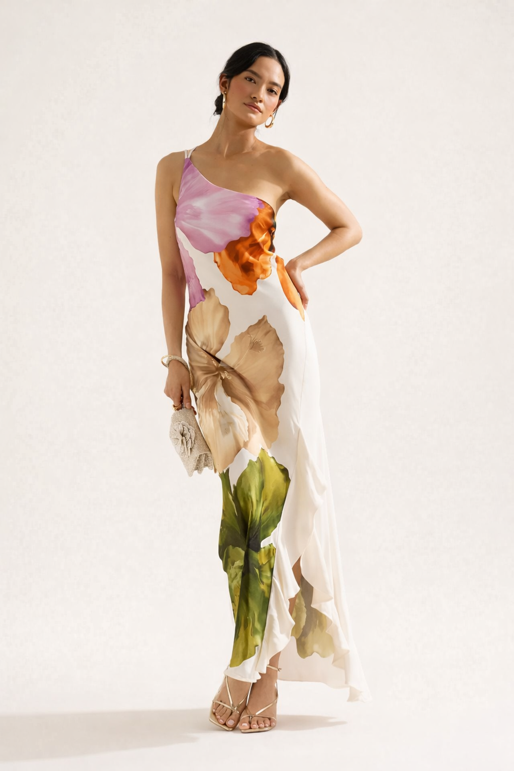 Robe longue une épaule imprimé floral asymétrique - Loise