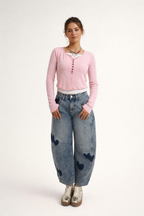 Pantalon denim jambe large cœurs teints contrastés - Elodie