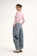 Pantalon denim jambe large cœurs teints contrastés - Elodie
