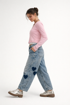 Pantalon denim jambe large cœurs teints contrastés - Elodie