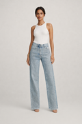 Pantalon denim taille haute jambe droite détails strass - Amelie