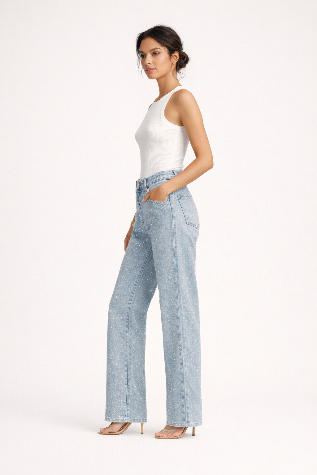 Pantalon denim taille haute jambe droite détails strass - Amelie