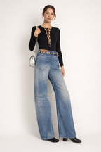 Pantalon denim jambe large couture avant mi-hauteur - Margaux