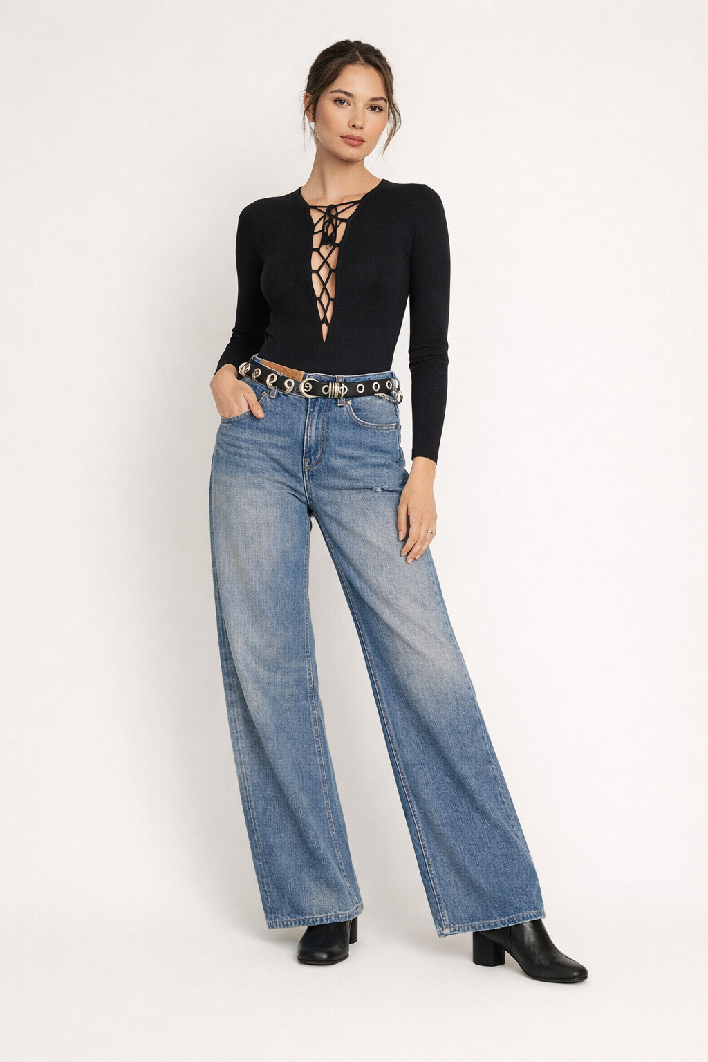 Pantalon denim jambe large couture avant mi-hauteur - Margaux