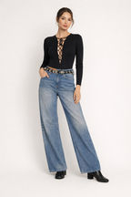Pantalon denim jambe large couture avant mi-hauteur - Margaux