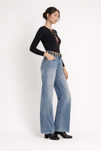 Pantalon denim jambe large couture avant mi-hauteur - Margaux