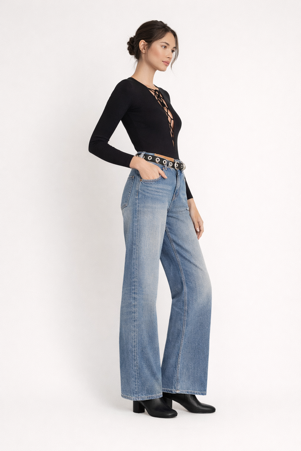 Pantalon denim jambe large couture avant mi-hauteur - Margaux