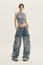 Jean cargo poches latérales larges jambe ample - Gabriela