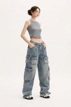 Jean cargo poches latérales larges jambe ample - Gabriela