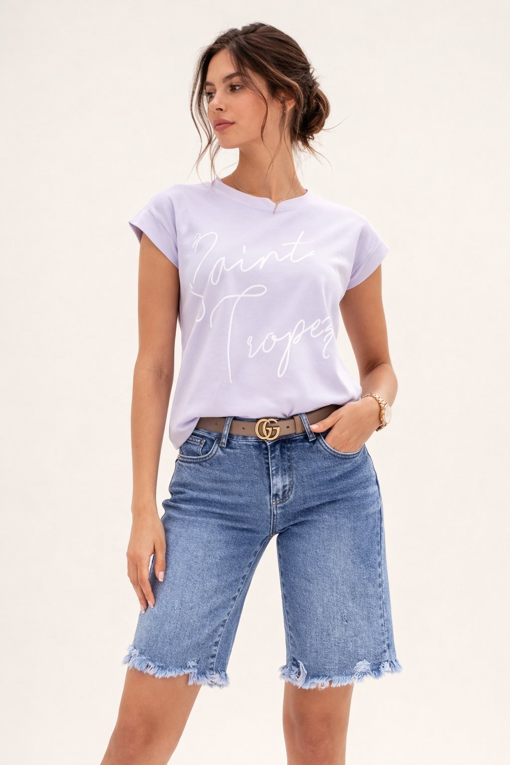 Short denim bords déchiquetés coupe droite mi-cuisse - Klary