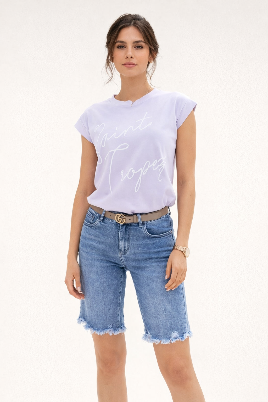 Short denim bords déchiquetés coupe droite mi-cuisse - Klary