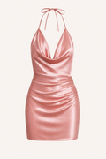 Robe courte soirée encolure drapée bretelles licou coupe ajustée taille - Kaela