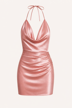 Robe courte soirée encolure drapée bretelles licou coupe ajustée taille - Kaela