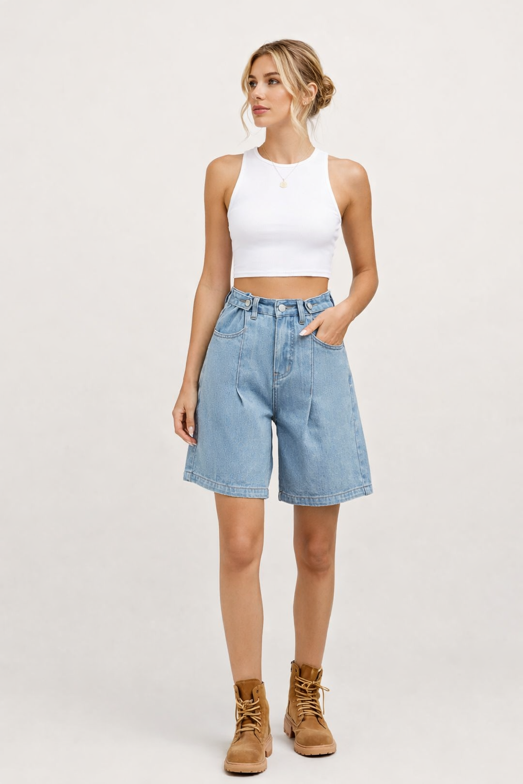 Bermuda denim boutons réglables taille ajustable - Erika