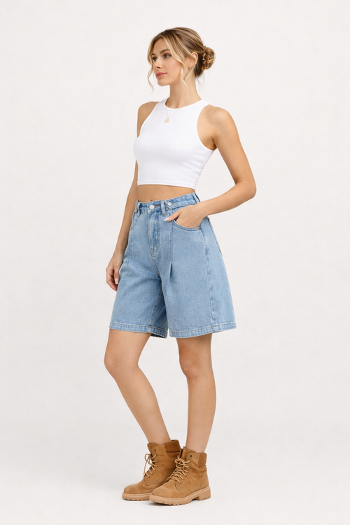 Bermuda denim boutons réglables taille ajustable - Erika