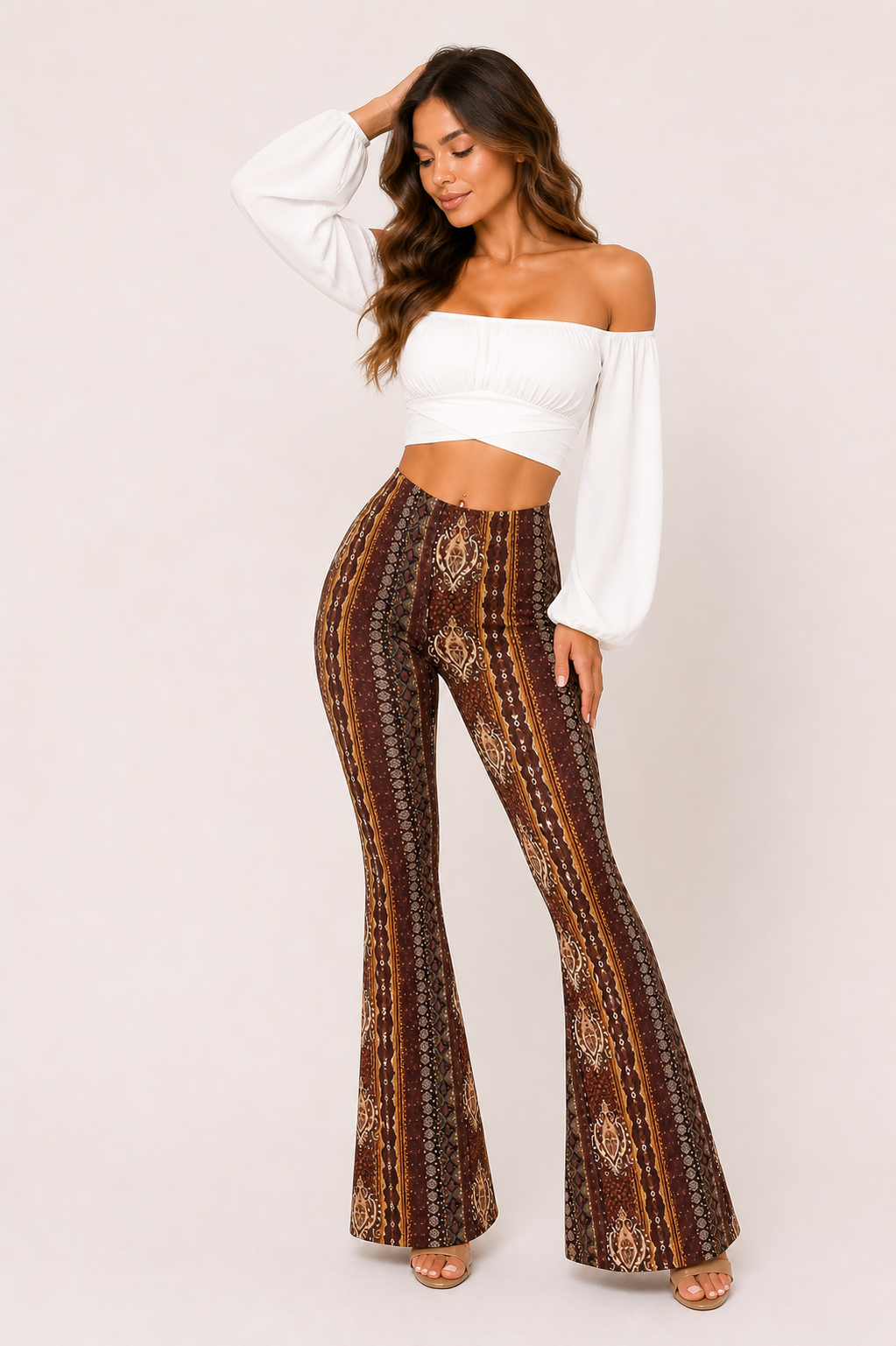 Pantalon évasé taille haute imprimé vertical jambe large femme - Klara