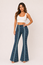Pantalon évasé taille haute imprimé vertical jambe large femme - Klara