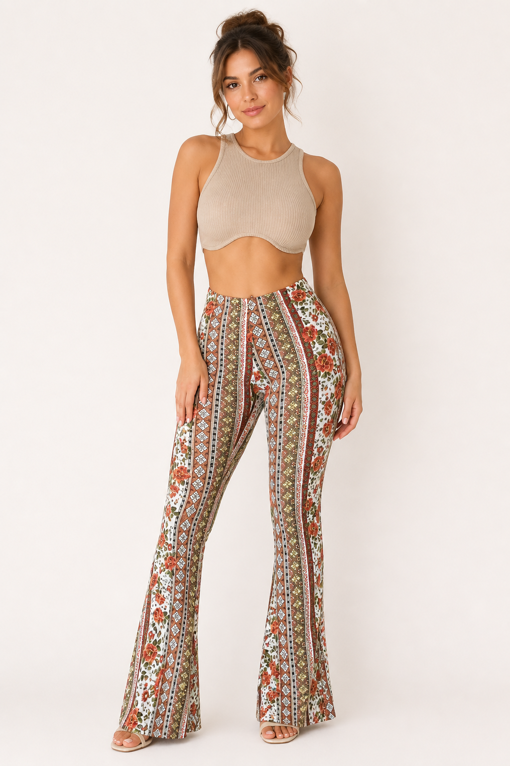 Pantalon évasé taille haute imprimé vertical jambe large femme - Klara
