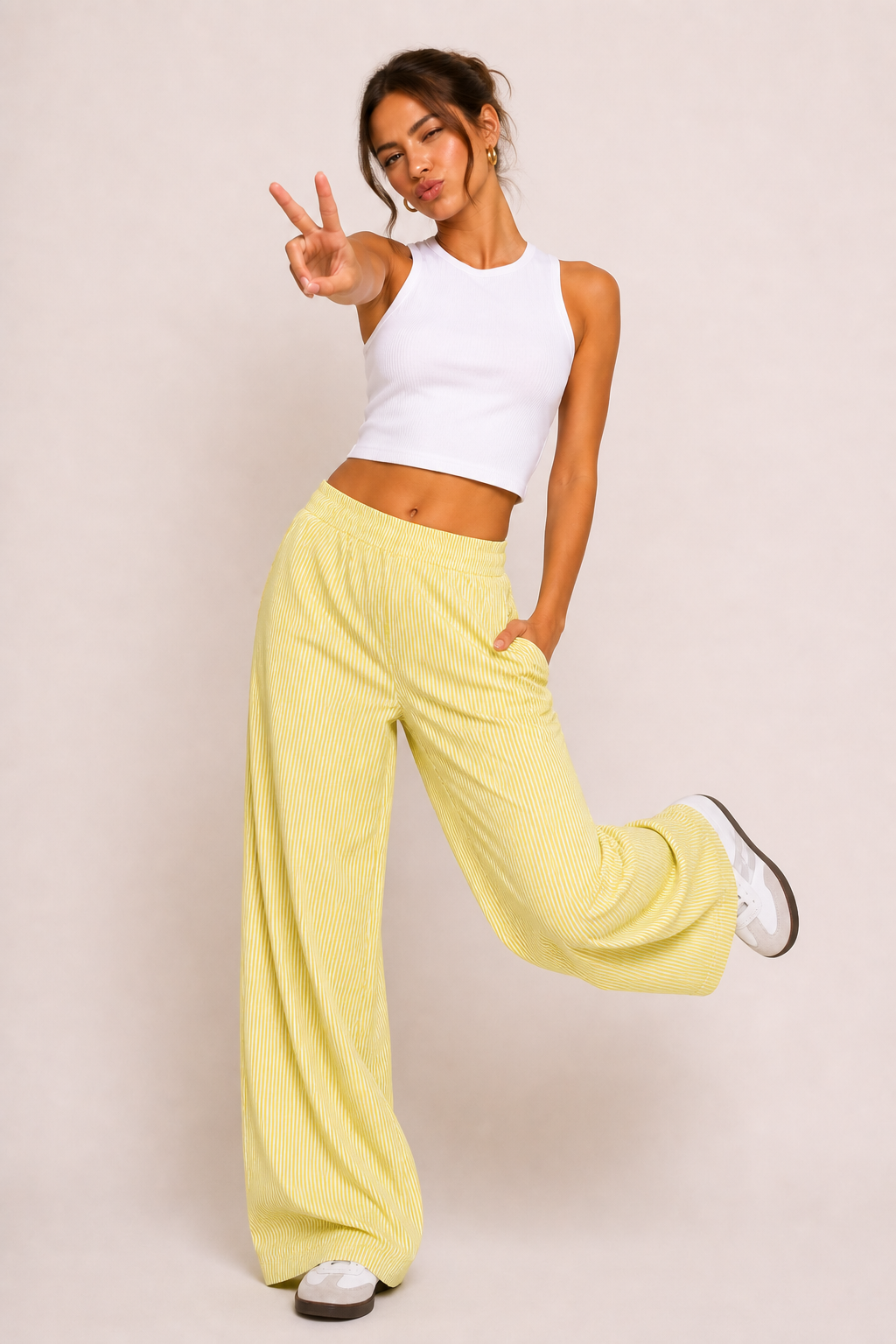 Pantalon femme rayé coupe large ceinture élastique poches vacances et quotidien - Naire