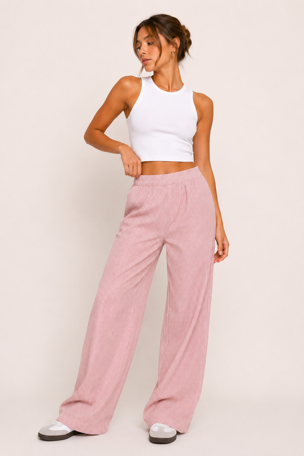 Pantalon femme rayé coupe large ceinture élastique poches vacances et quotidien - Naire