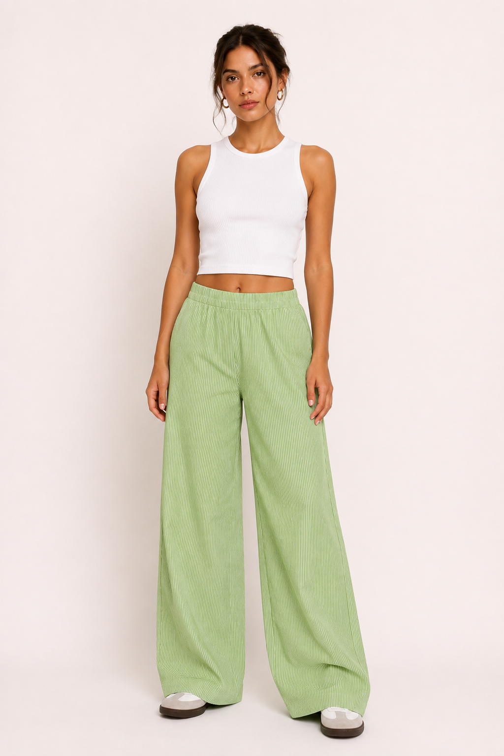 Pantalon femme rayé coupe large ceinture élastique poches vacances et quotidien - Naire