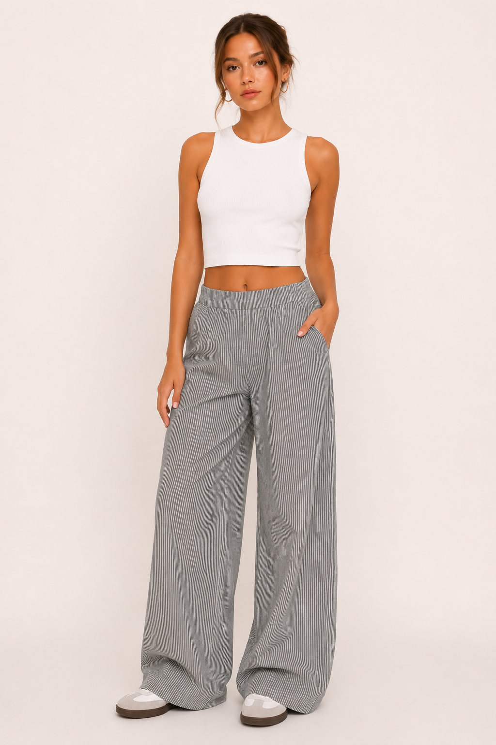 Pantalon femme rayé coupe large ceinture élastique poches vacances et quotidien - Naire
