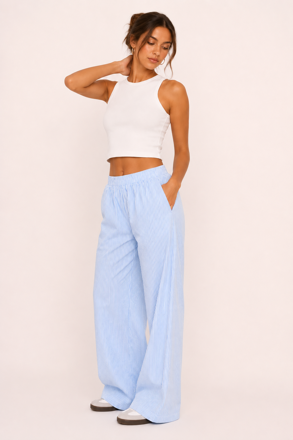 Pantalon femme rayé coupe large ceinture élastique poches vacances et quotidien - Naire