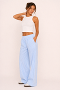 Pantalon femme rayé coupe large ceinture élastique poches vacances et quotidien - Naire