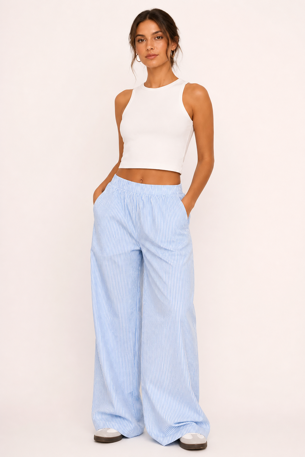 Pantalon femme rayé coupe large ceinture élastique poches vacances et quotidien - Naire