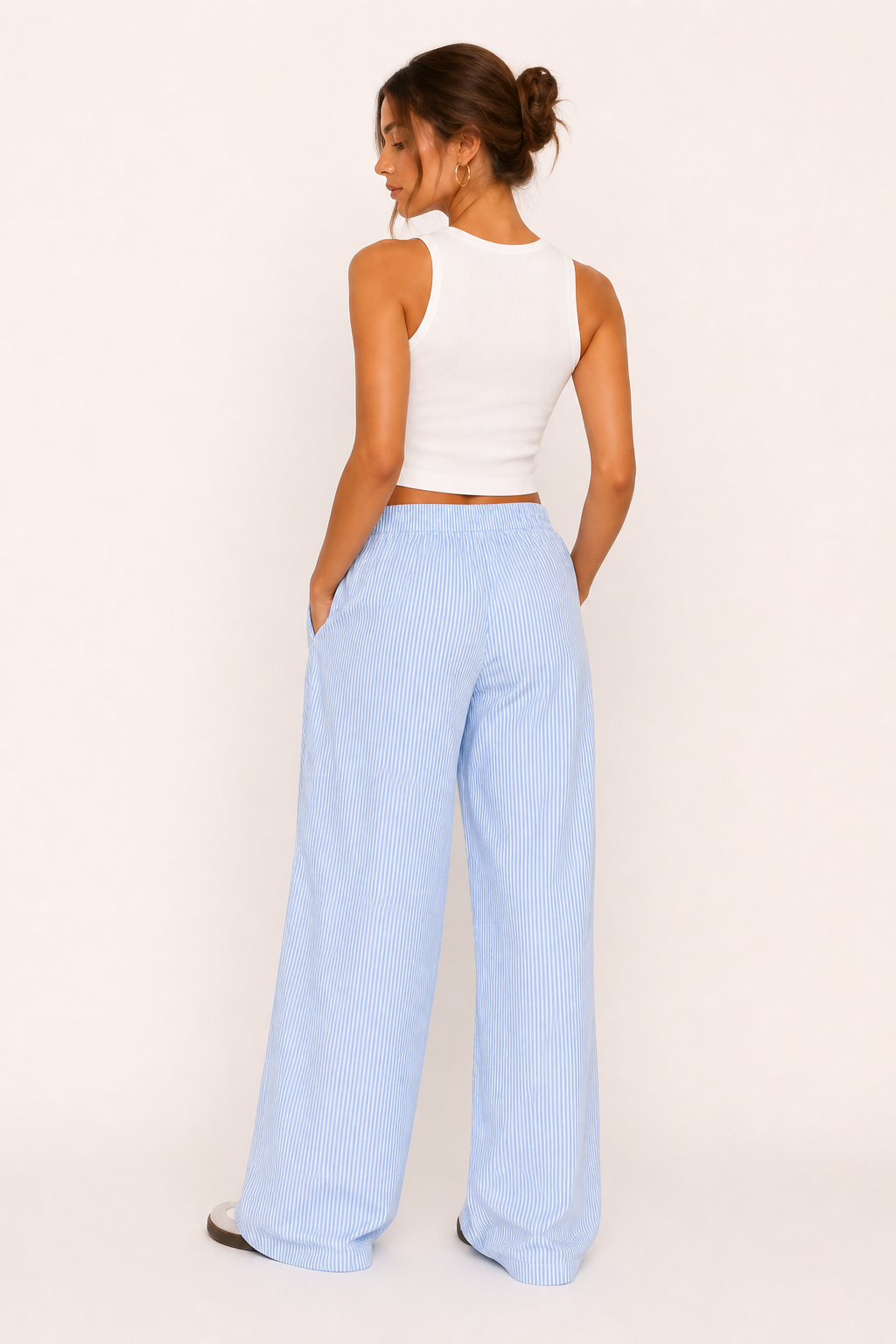 Pantalon femme rayé coupe large ceinture élastique poches vacances et quotidien - Naire