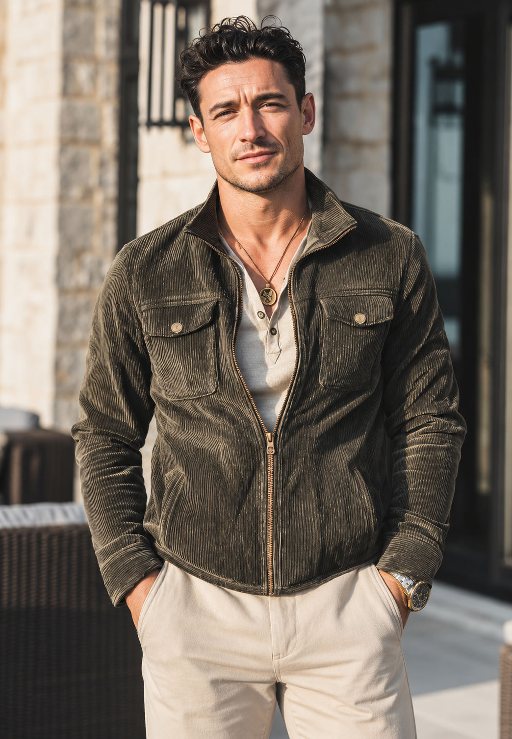 Veste velours côtelé homme col montant fermeture éclair poches - Florian
