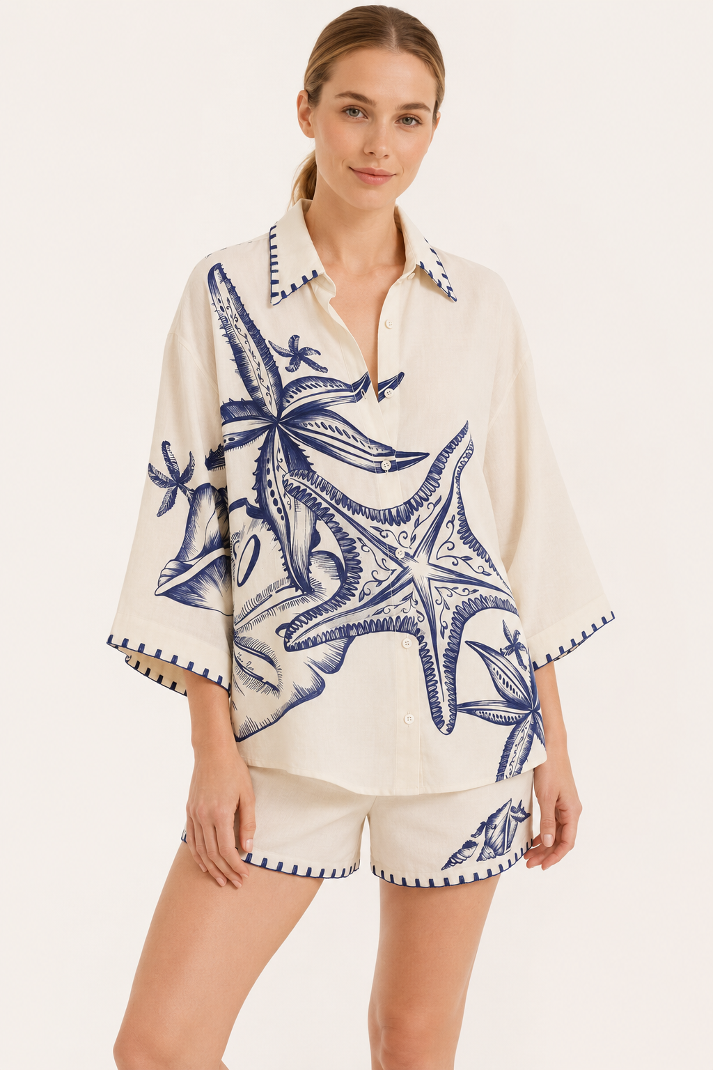 Ensemble chemise oversize d'été pour femmes, imprimé méditerranéen - Lidia