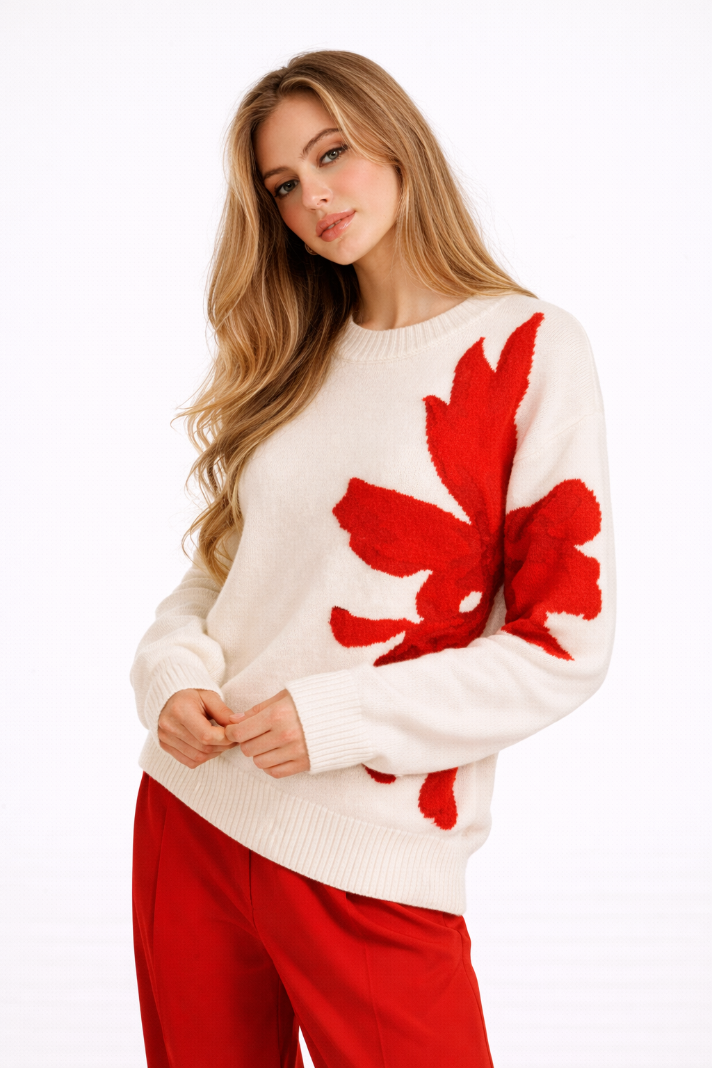 Pull in tricot con détails floraux discrets et col rond et coupe droite et tombé simple - Elina