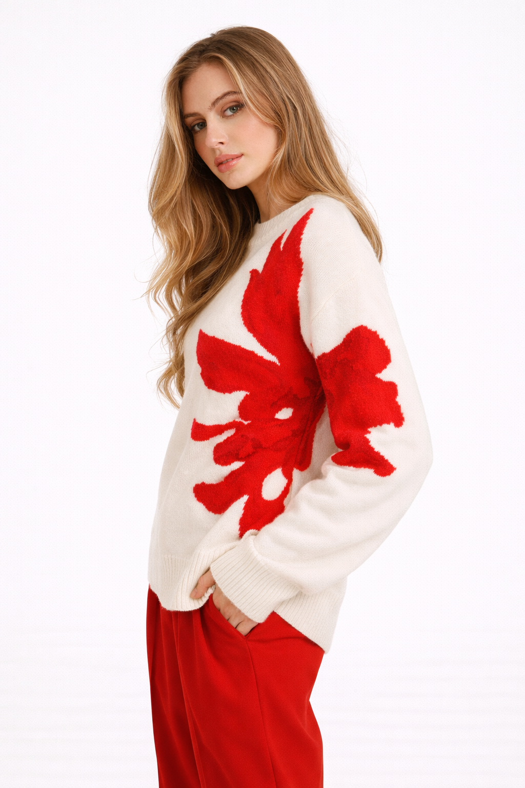 Pull in tricot con détails floraux discrets et col rond et coupe droite et tombé simple - Elina