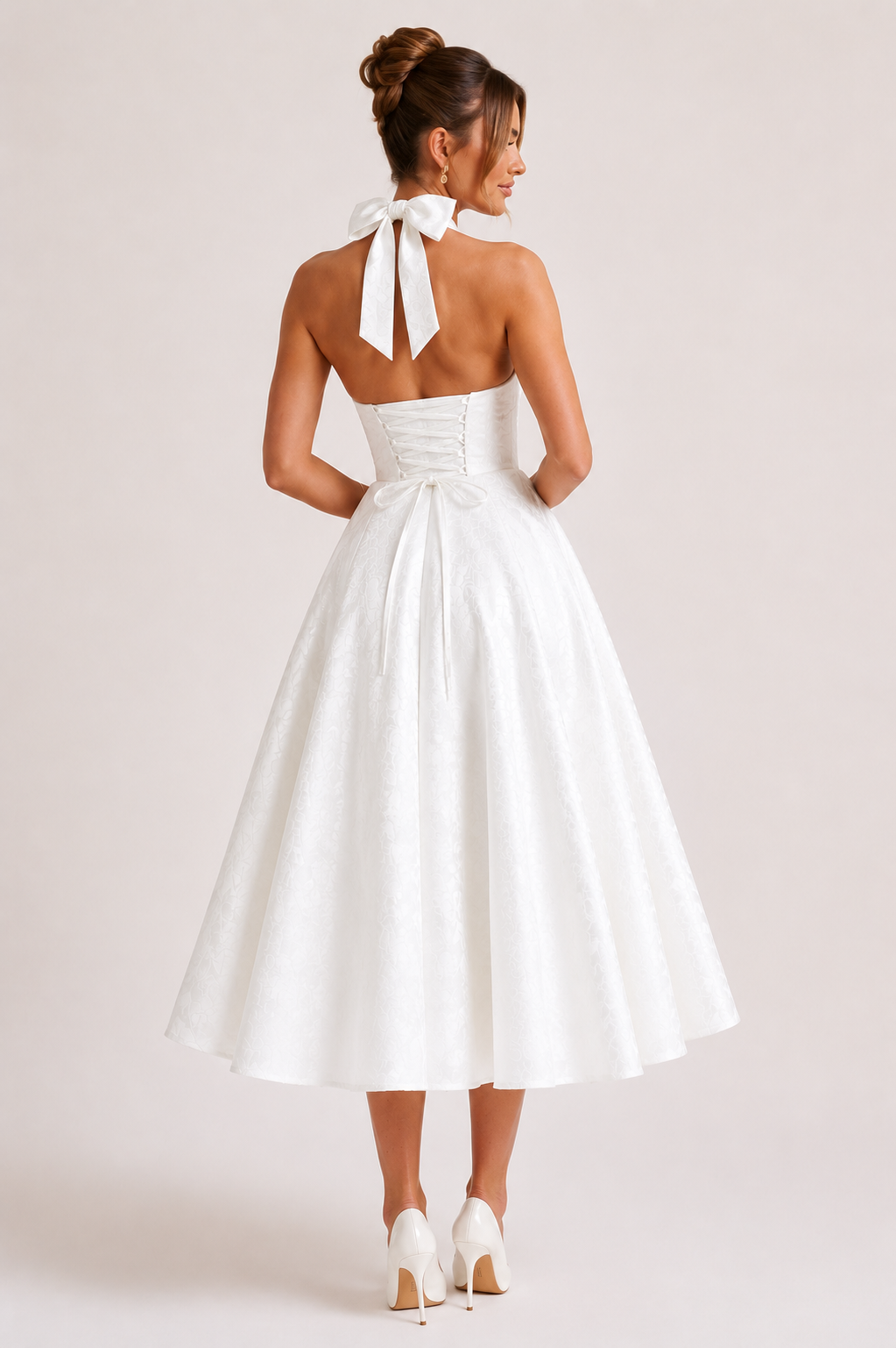 Robe midi dos nu bretelles licou taille haute jupe large soirée et diplôme - Elodie