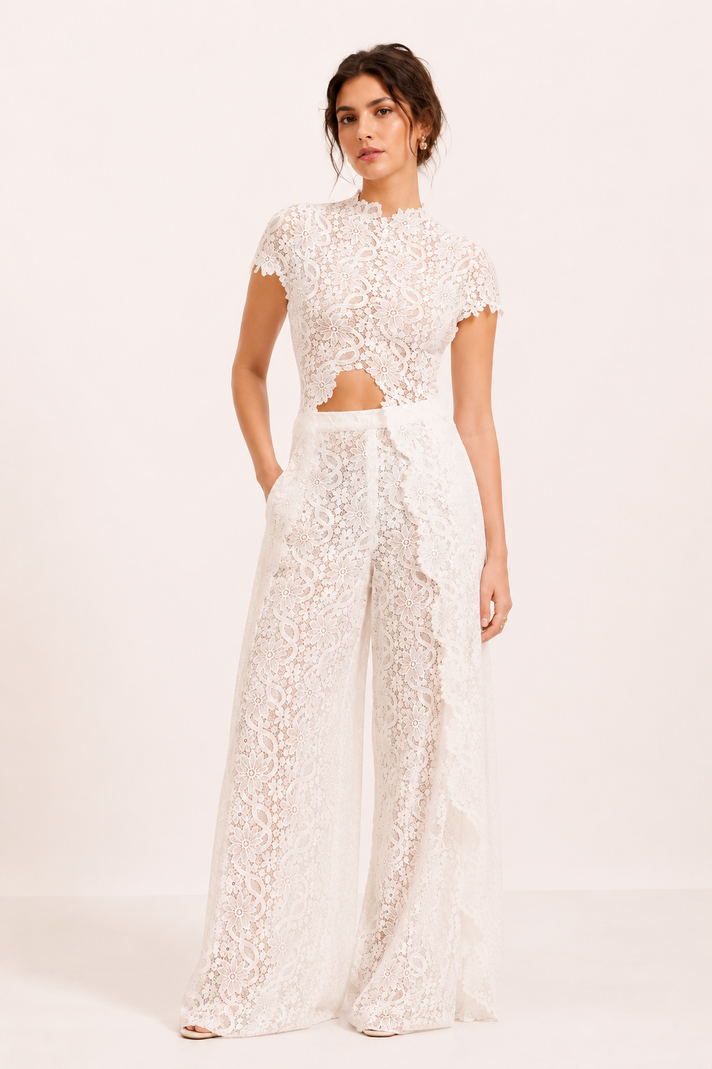 Ensemble dentelle deux pièces femme haut manches courtes pantalon palazzo fête - Mirel