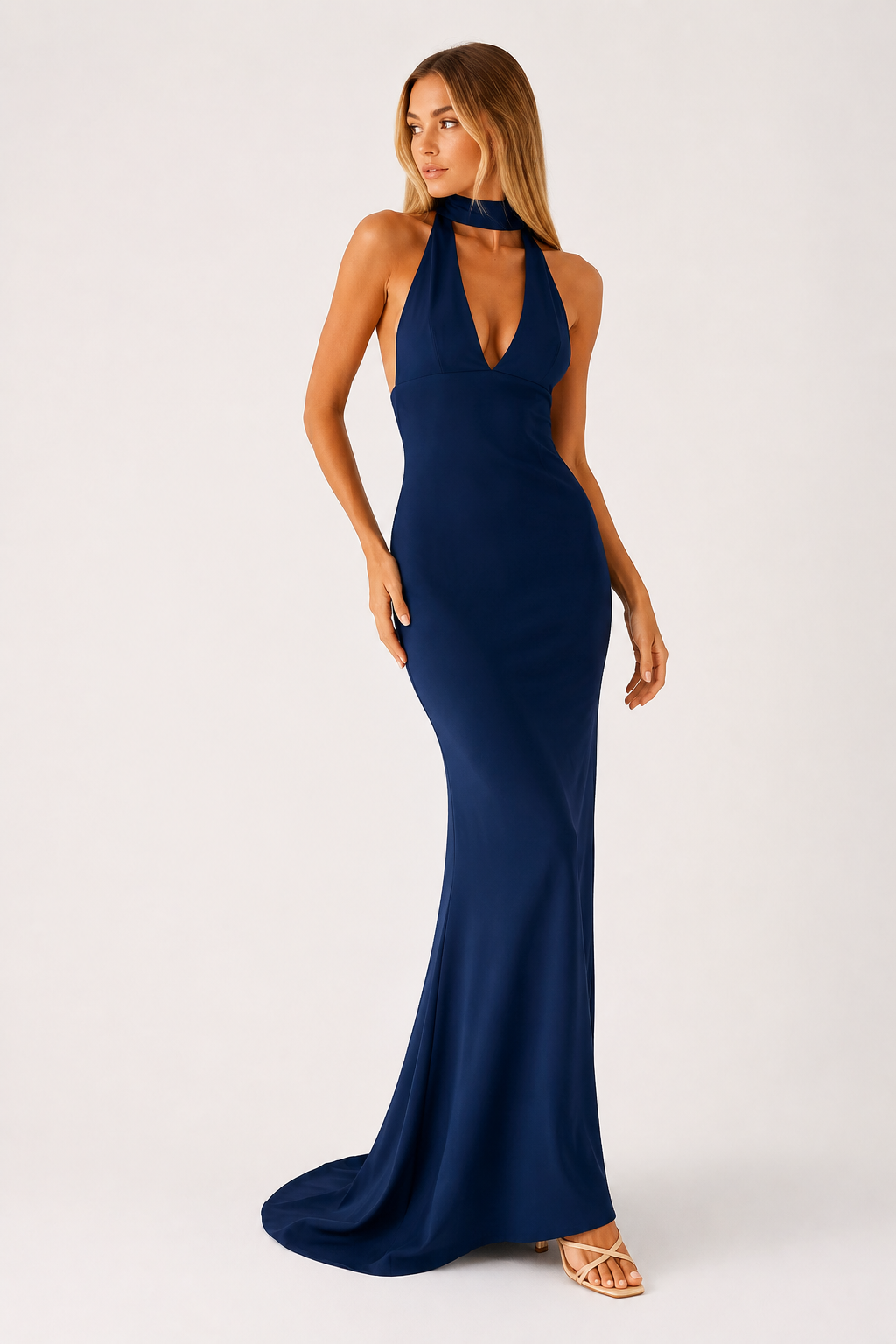 Robe longue femme encolure licou dos ouvert coupe ajustée mariage et soirée - Alessa