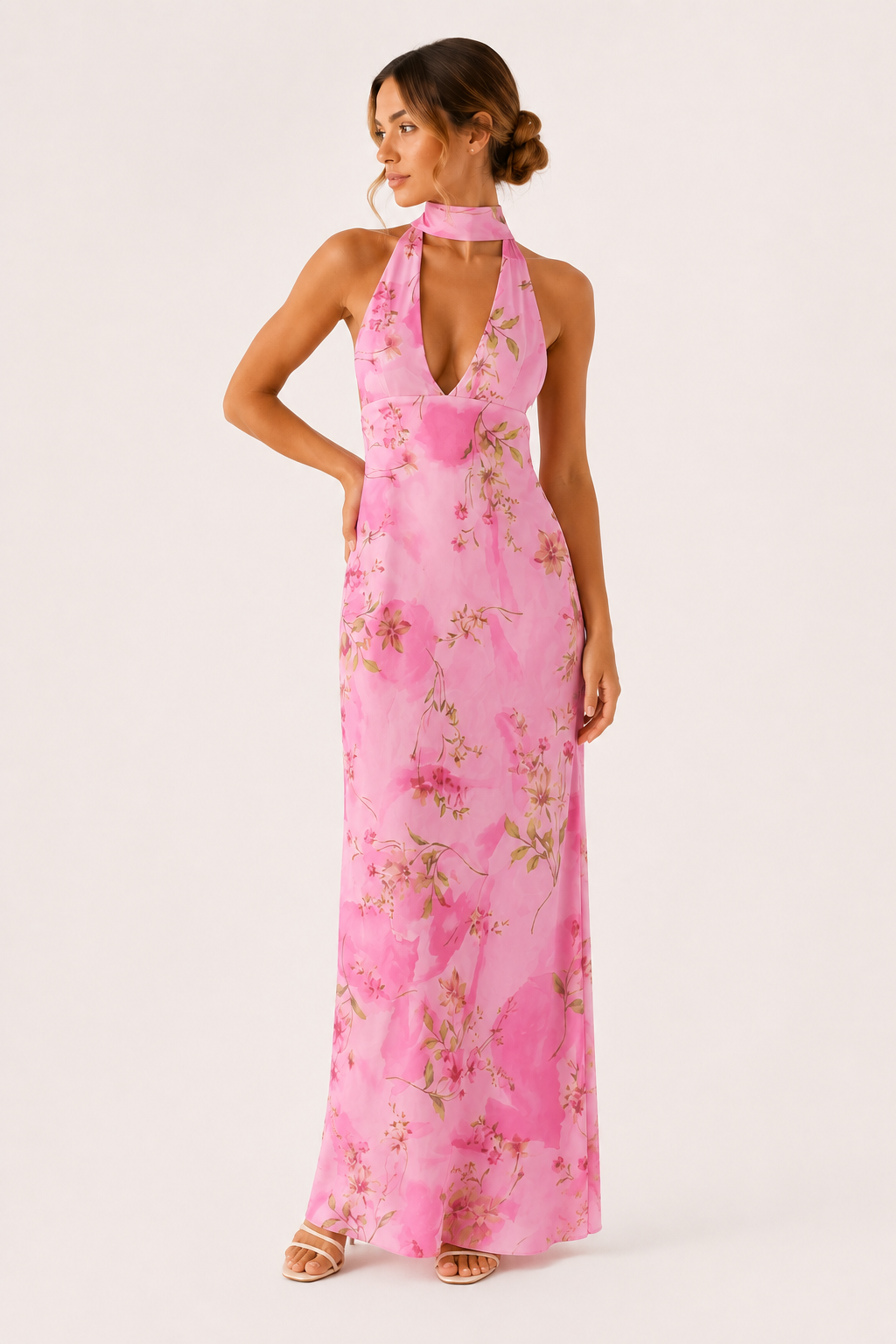 Robe longue femme encolure licou dos ouvert coupe ajustée mariage et soirée - Alessa