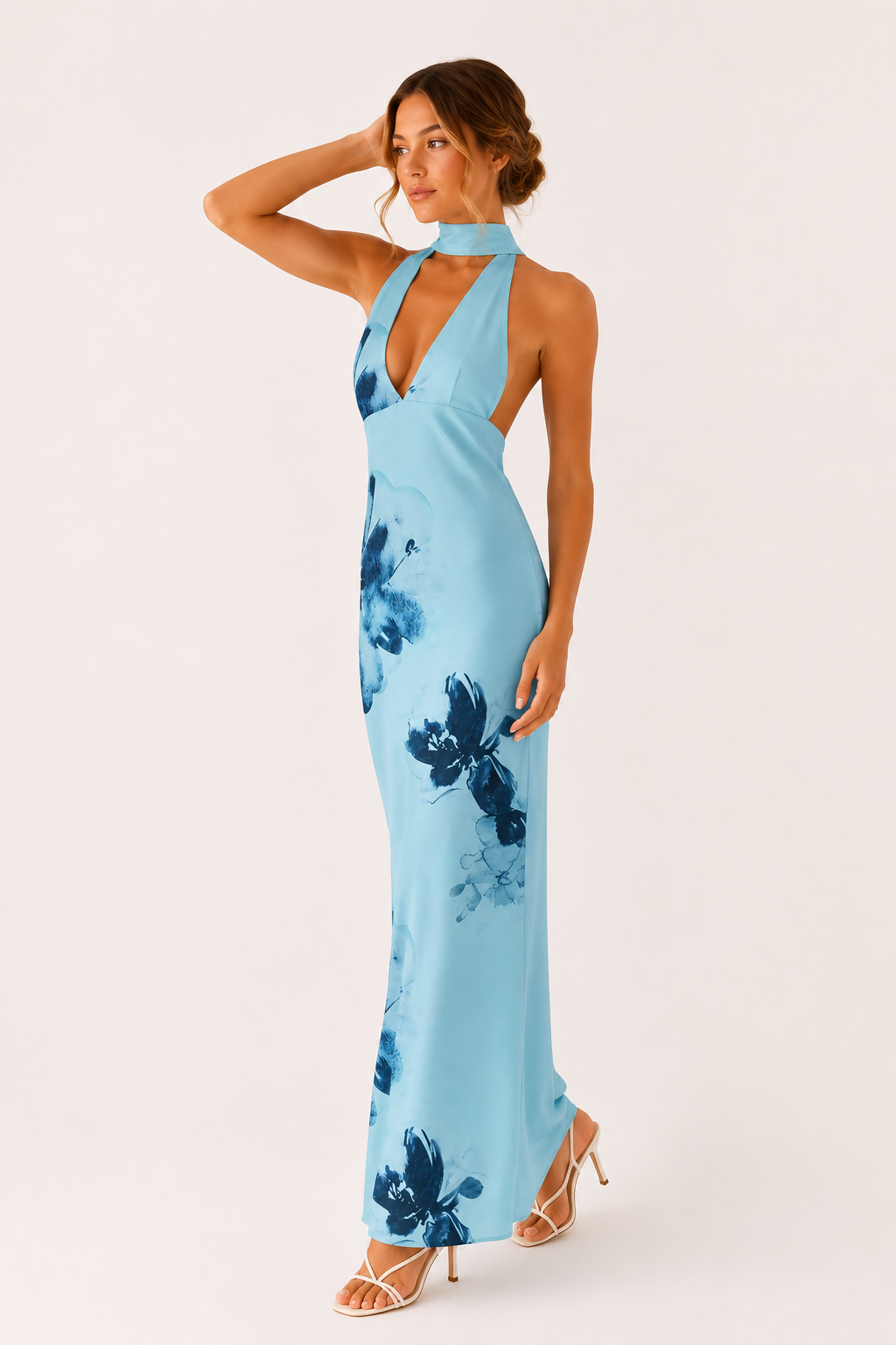 Robe longue femme encolure licou dos ouvert coupe ajustée mariage et soirée - Alessa