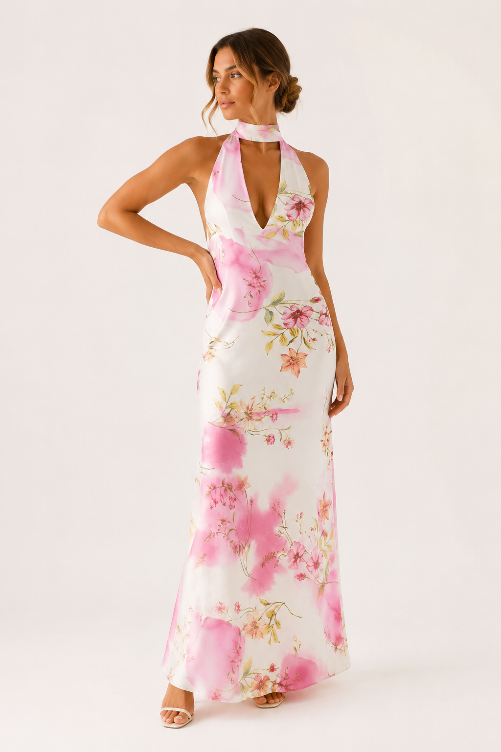 Robe longue femme encolure licou dos ouvert coupe ajustée mariage et soirée - Alessa