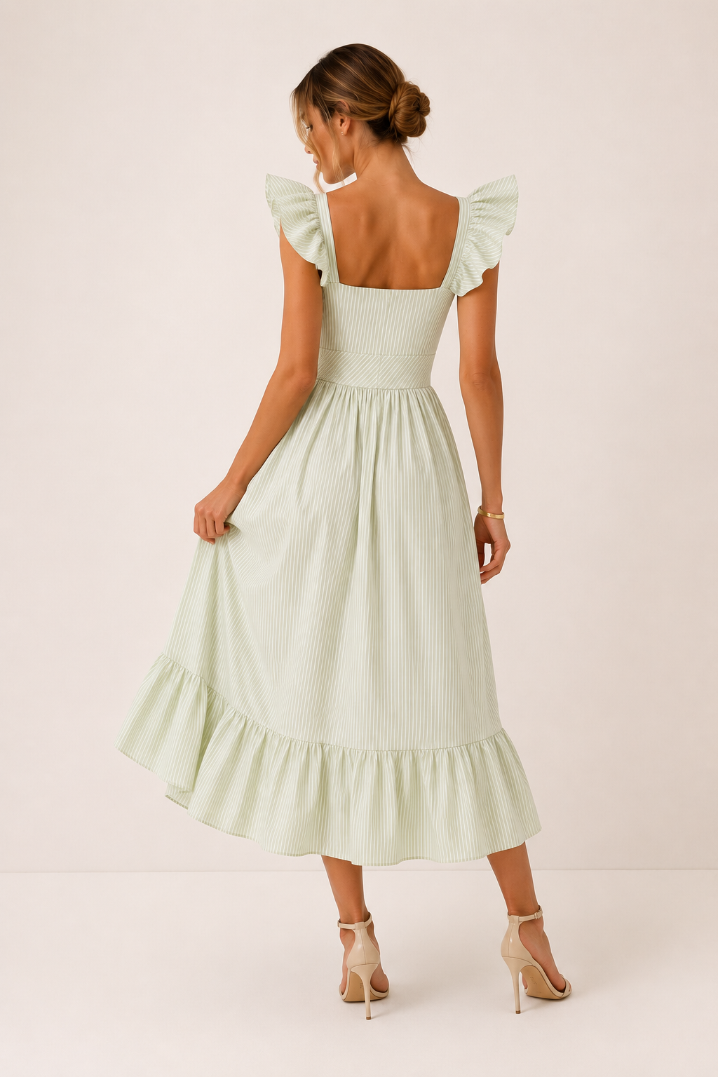 Robe midi rayures fines volants manches taille haute fente devant boutonné - Elina