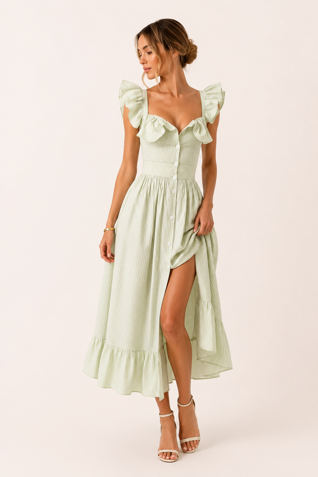 Robe midi rayures fines volants manches taille haute fente devant boutonné - Elina