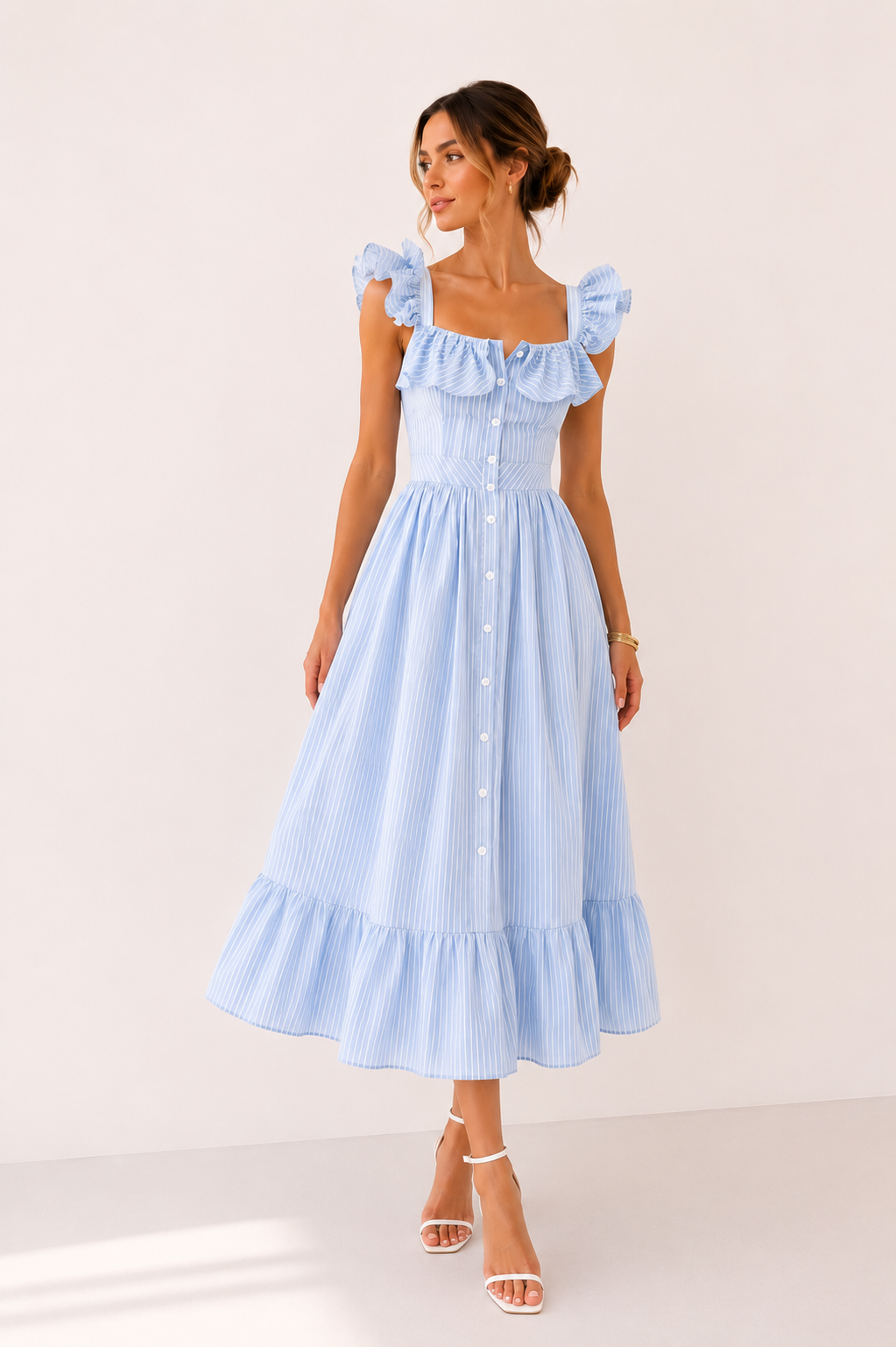Robe midi rayures fines volants manches taille haute fente devant boutonné - Elina