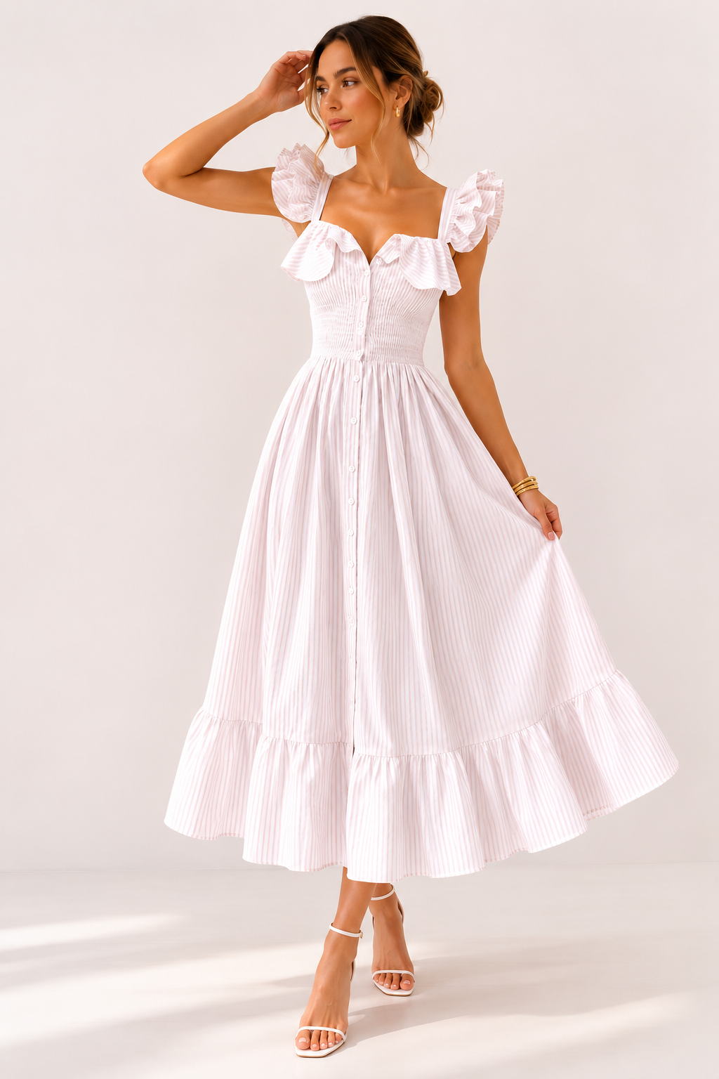 Robe midi rayures fines volants manches taille haute fente devant boutonné - Elina