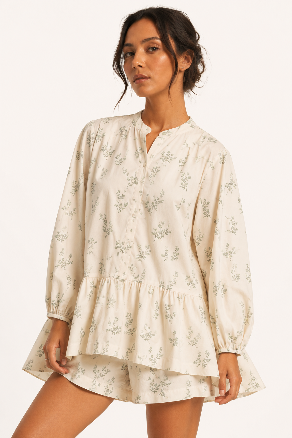 Robe courte fleurie col haut manches ballon ourlet volants légère été - Amelie